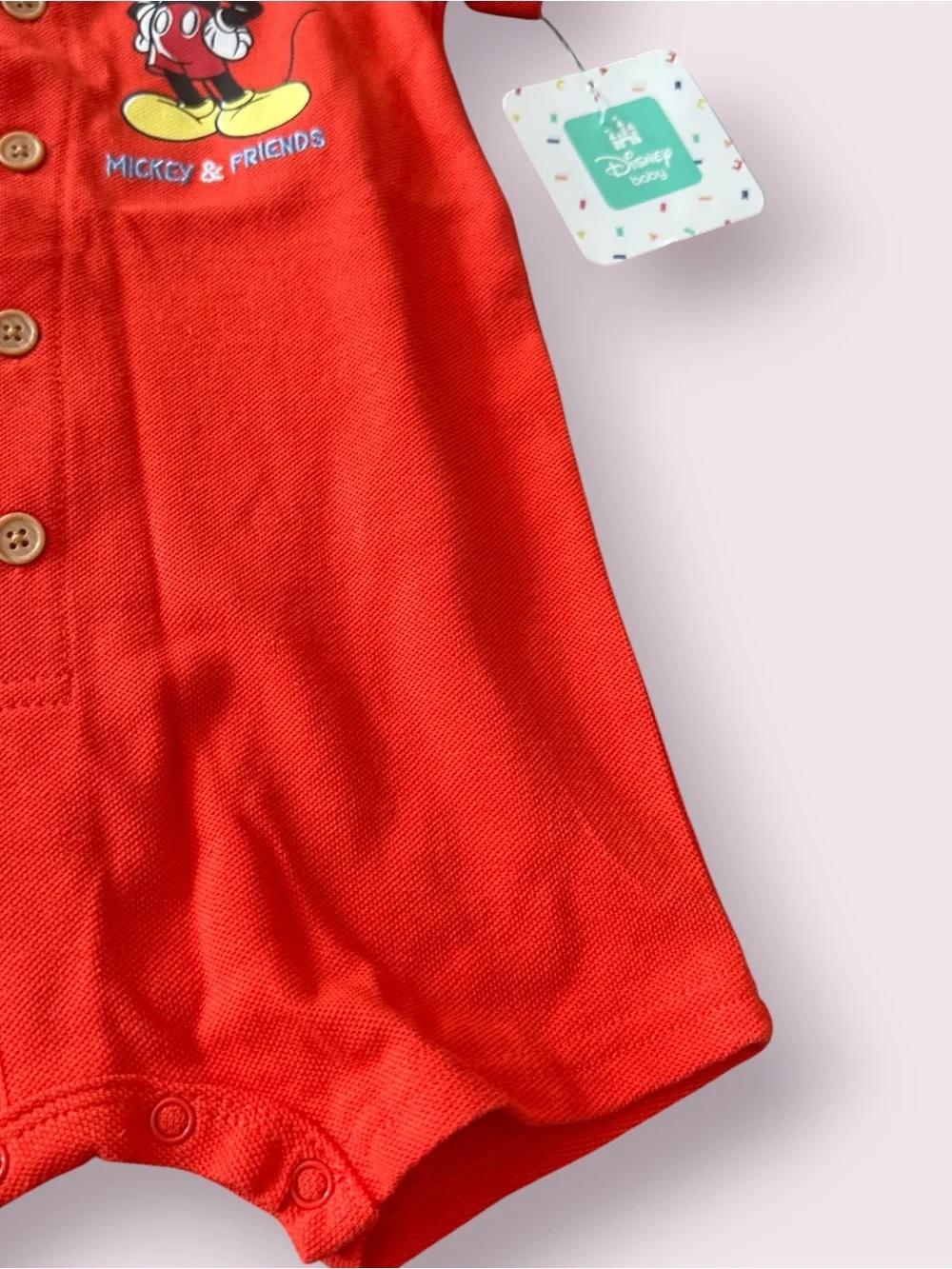NWT Disney Baby Red Orangish Polo-Style Mickey & Friends Baby Romper Size 12 Mon